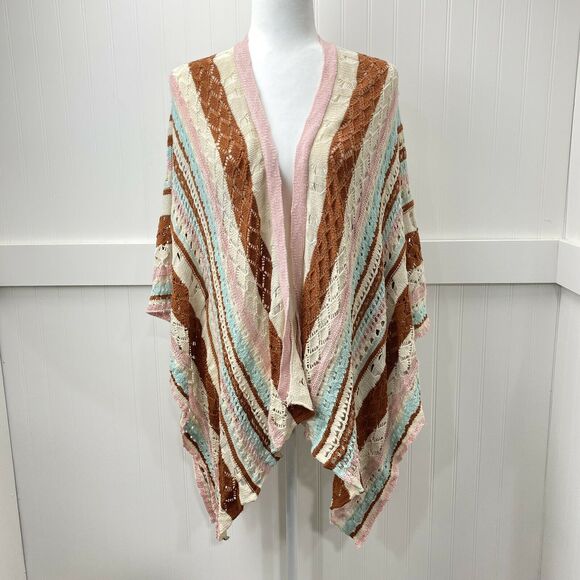 Umgee Poncho Sz Med/Large Pink Blue Brown Boho Open Knit Sweater Cardigan Drape - Picture 1 of 11